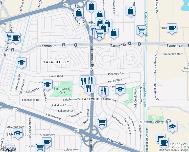 map of restaurants, bars, coffee shops, grocery stores, and more near 1199 Blazingwood Drive in Sunnyvale