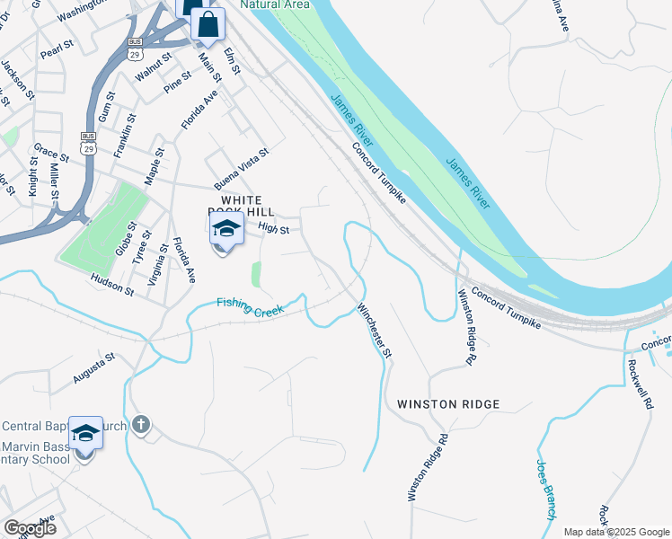 map of restaurants, bars, coffee shops, grocery stores, and more near 2905 Winchester Street in Lynchburg
