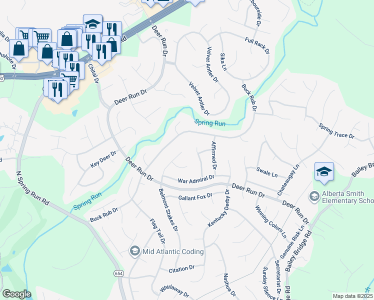 map of restaurants, bars, coffee shops, grocery stores, and more near 7301 Belmont Stakes Drive in Midlothian