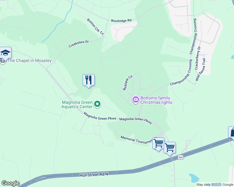 map of restaurants, bars, coffee shops, grocery stores, and more near 17501 Graffis Terrace in Moseley