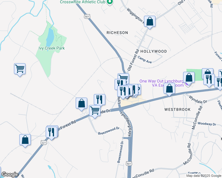 map of restaurants, bars, coffee shops, grocery stores, and more near 3832 Old Forest Road in Lynchburg