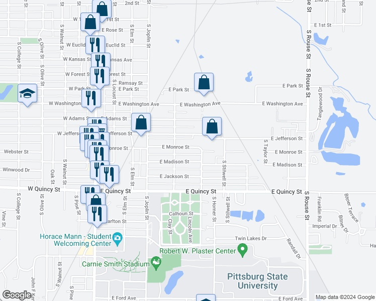 map of restaurants, bars, coffee shops, grocery stores, and more near 514 East Monroe Street in Pittsburg