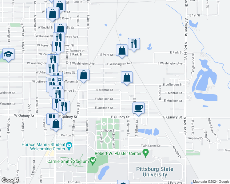 map of restaurants, bars, coffee shops, grocery stores, and more near 518 East Monroe Street in Pittsburg