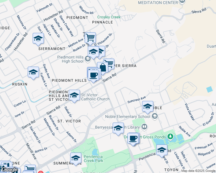 map of restaurants, bars, coffee shops, grocery stores, and more near 1260 Piedmont Road in San Jose