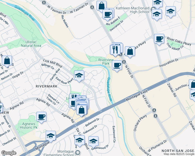 map of restaurants, bars, coffee shops, grocery stores, and more near 552 Mansion Park Drive in Santa Clara
