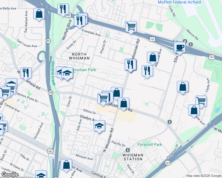map of restaurants, bars, coffee shops, grocery stores, and more near 148 Flynn Avenue in Mountain View