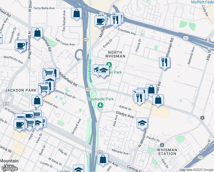 map of restaurants, bars, coffee shops, grocery stores, and more near in Mountain View