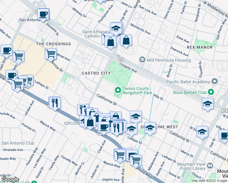 map of restaurants, bars, coffee shops, grocery stores, and more near 255 South Rengstorff Avenue in Mountain View