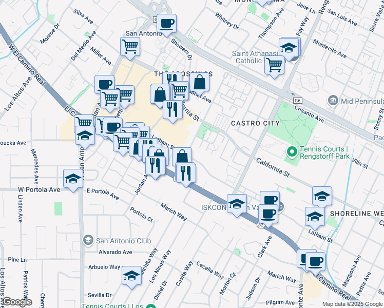 map of restaurants, bars, coffee shops, grocery stores, and more near 430 Hillwood Court in Mountain View