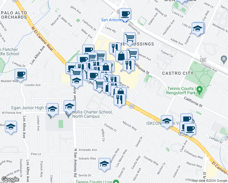 map of restaurants, bars, coffee shops, grocery stores, and more near 2478 West El Camino Real in Mountain View