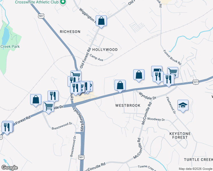 map of restaurants, bars, coffee shops, grocery stores, and more near 51 Countryplace Lane in Lynchburg