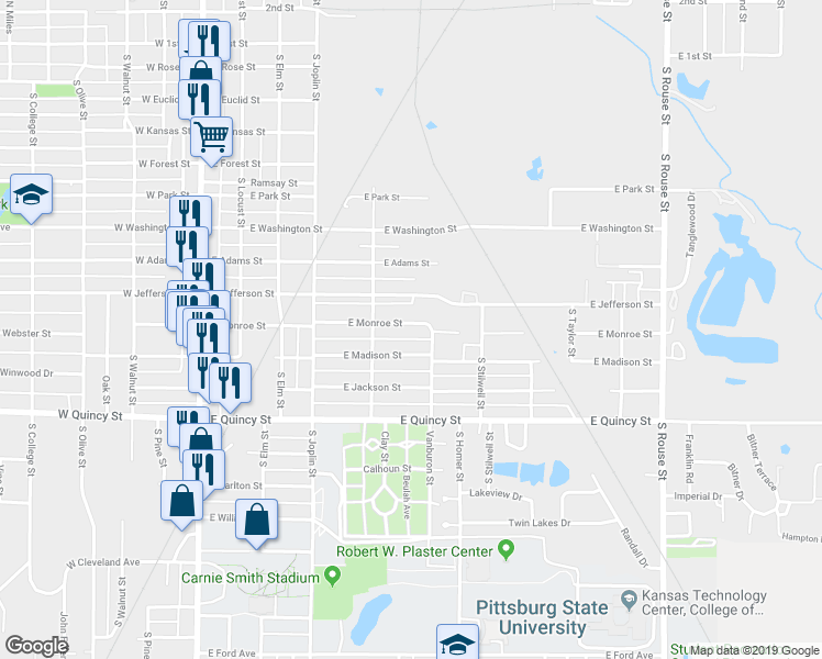 map of restaurants, bars, coffee shops, grocery stores, and more near 515 East Monroe Street in Pittsburg
