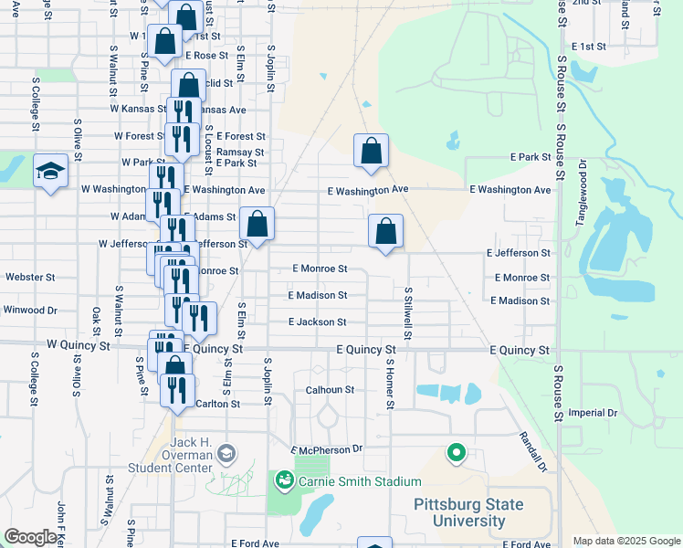 map of restaurants, bars, coffee shops, grocery stores, and more near 515 East Monroe Street in Pittsburg