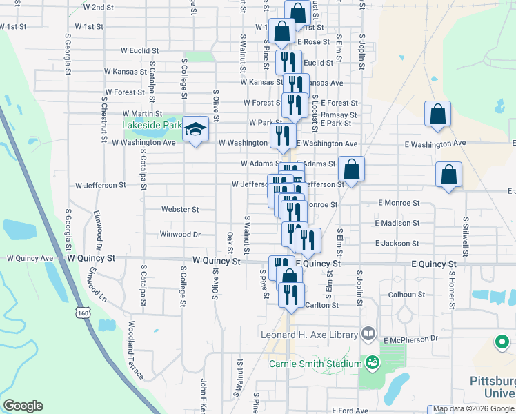 map of restaurants, bars, coffee shops, grocery stores, and more near 120 West Monroe Street in Pittsburg