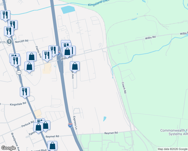 map of restaurants, bars, coffee shops, grocery stores, and more near 9349 Quinnford Boulevard in Richmond