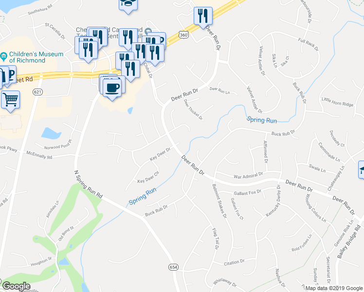 map of restaurants, bars, coffee shops, grocery stores, and more near 14003 Key Deer Drive in Midlothian