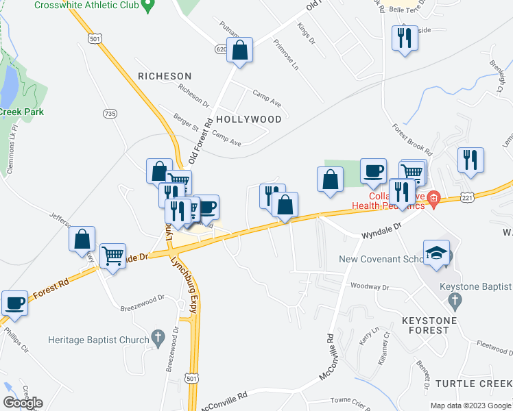 map of restaurants, bars, coffee shops, grocery stores, and more near 48 Countryplace Lane in Lynchburg