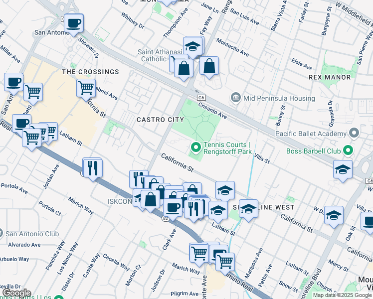 map of restaurants, bars, coffee shops, grocery stores, and more near 255 South Rengstorff Avenue in Mountain View