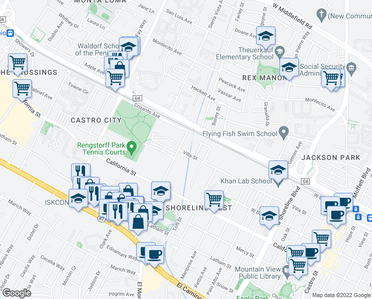 map of restaurants, bars, coffee shops, grocery stores, and more near 1874 Villa Street in Mountain View