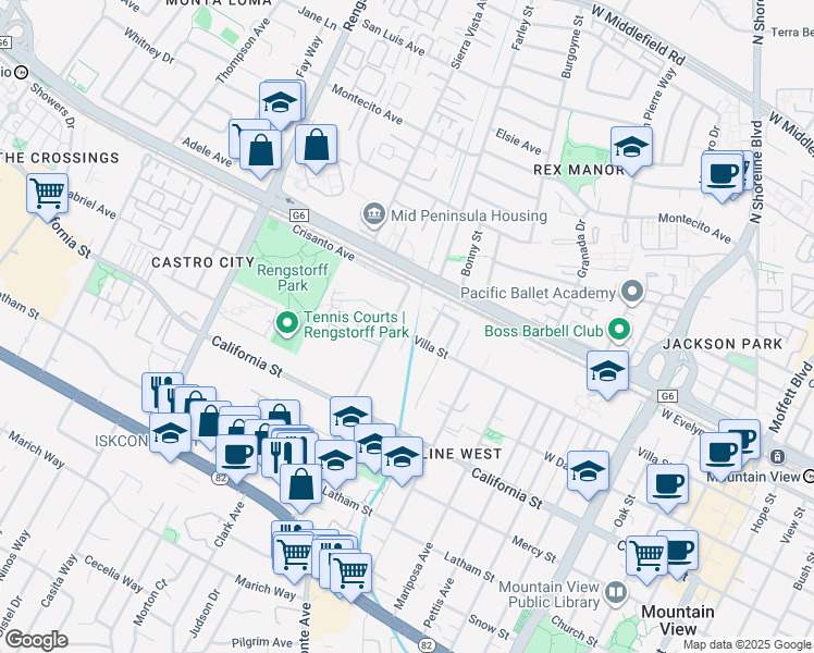 map of restaurants, bars, coffee shops, grocery stores, and more near 196 Escuela Avenue in Mountain View