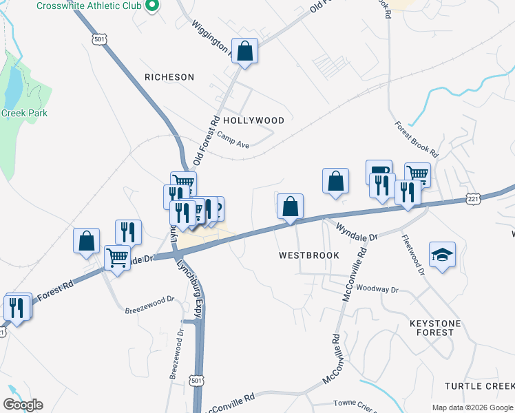 map of restaurants, bars, coffee shops, grocery stores, and more near 51 Countryplace Lane in Lynchburg