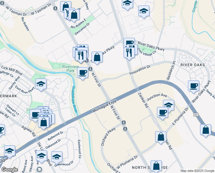map of restaurants, bars, coffee shops, grocery stores, and more near 3200 North 1st Street in San Jose