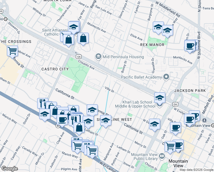 map of restaurants, bars, coffee shops, grocery stores, and more near 196 Escuela Avenue in Mountain View