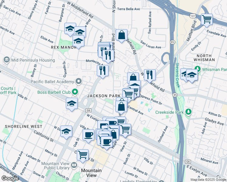 map of restaurants, bars, coffee shops, grocery stores, and more near Stierlin Road in Mountain View