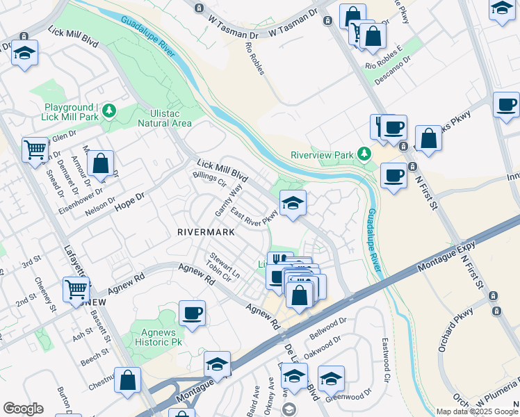 map of restaurants, bars, coffee shops, grocery stores, and more near 4324 Watson Circle in Santa Clara