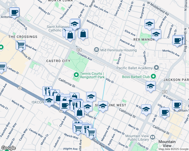 map of restaurants, bars, coffee shops, grocery stores, and more near 222 Escuela Avenue in Mountain View