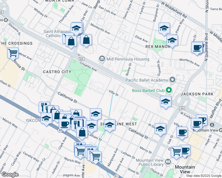 map of restaurants, bars, coffee shops, grocery stores, and more near 1874 Villa Street in Mountain View