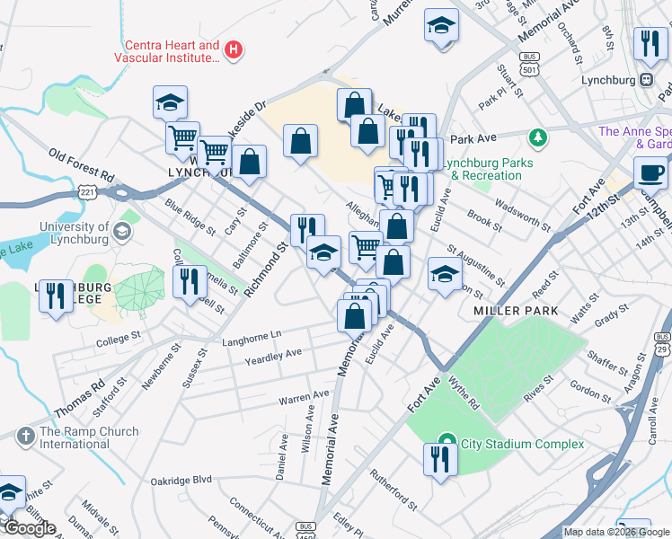 map of restaurants, bars, coffee shops, grocery stores, and more near Oakley Avenue in Lynchburg