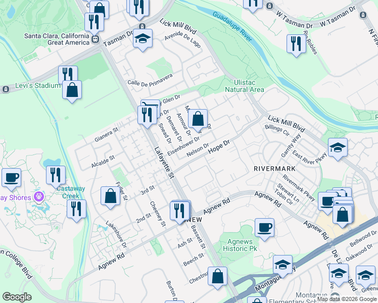 map of restaurants, bars, coffee shops, grocery stores, and more near 1861 Nelson Drive in Santa Clara