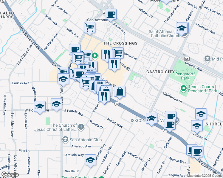 map of restaurants, bars, coffee shops, grocery stores, and more near 2400 West El Camino Real in Mountain View