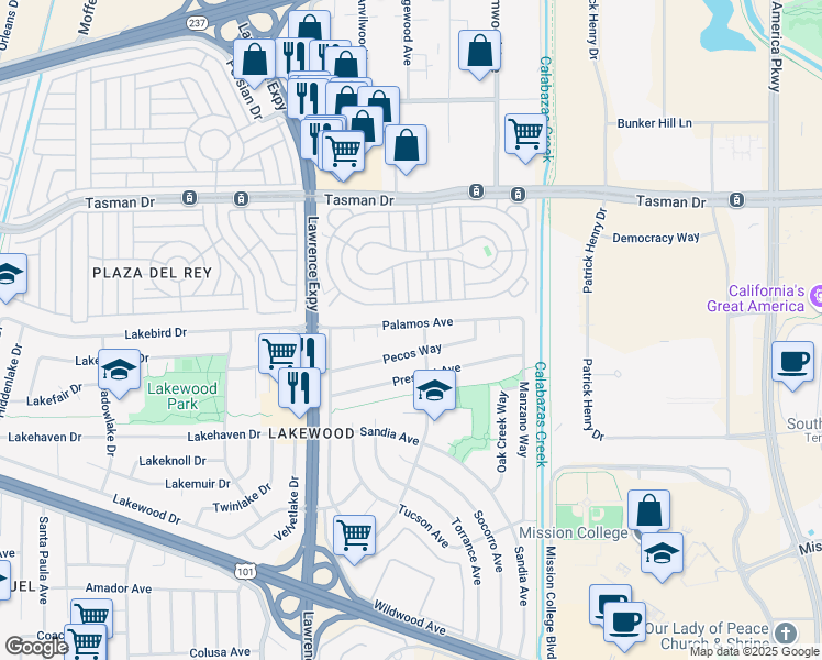map of restaurants, bars, coffee shops, grocery stores, and more near 1194 Driftwood Court in Sunnyvale