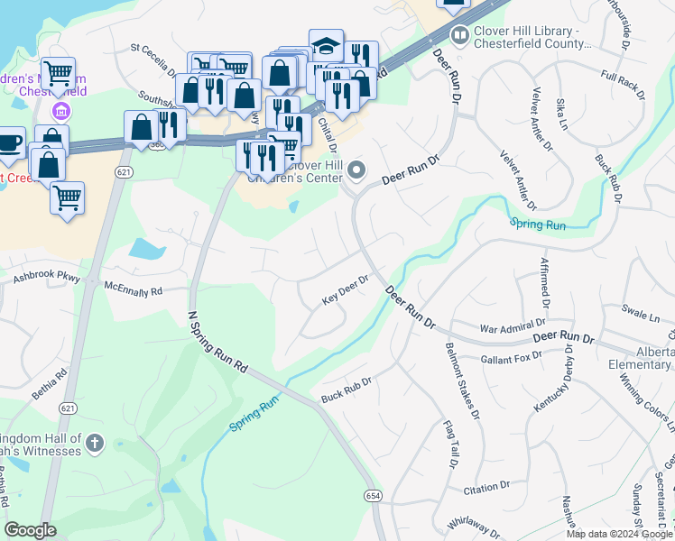 map of restaurants, bars, coffee shops, grocery stores, and more near 14125 Branched Antler Drive in Midlothian