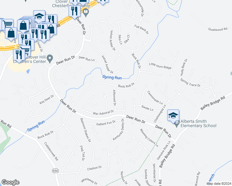 map of restaurants, bars, coffee shops, grocery stores, and more near 7313 Affirmed Drive in Midlothian