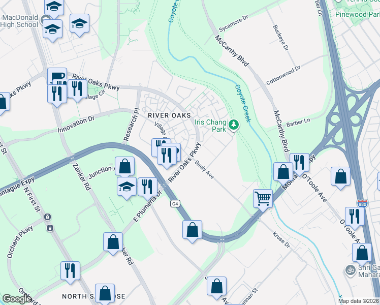 map of restaurants, bars, coffee shops, grocery stores, and more near in San Jose
