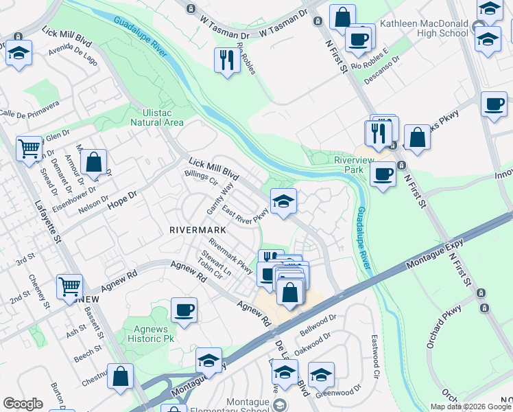 map of restaurants, bars, coffee shops, grocery stores, and more near 4338 Watson Circle in Santa Clara