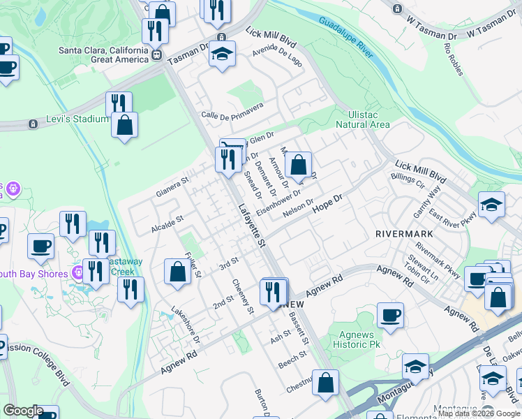 map of restaurants, bars, coffee shops, grocery stores, and more near in Santa Clara