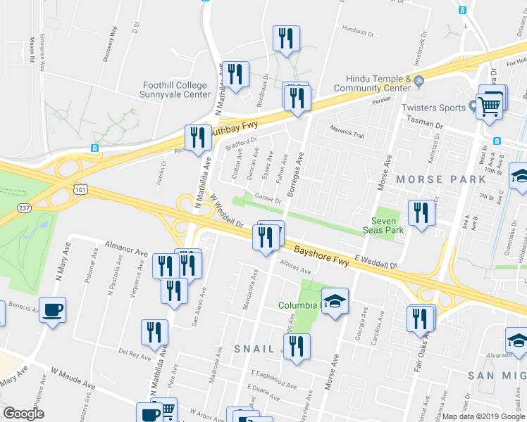 map of restaurants, bars, coffee shops, grocery stores, and more near 162 Garner Drive in Sunnyvale