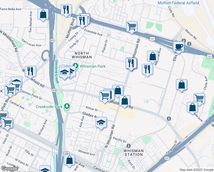 map of restaurants, bars, coffee shops, grocery stores, and more near 148 Flynn Avenue in Mountain View
