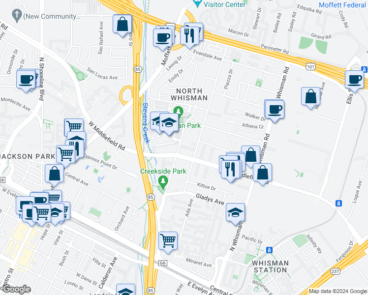 map of restaurants, bars, coffee shops, grocery stores, and more near 305 Easy Street in Mountain View