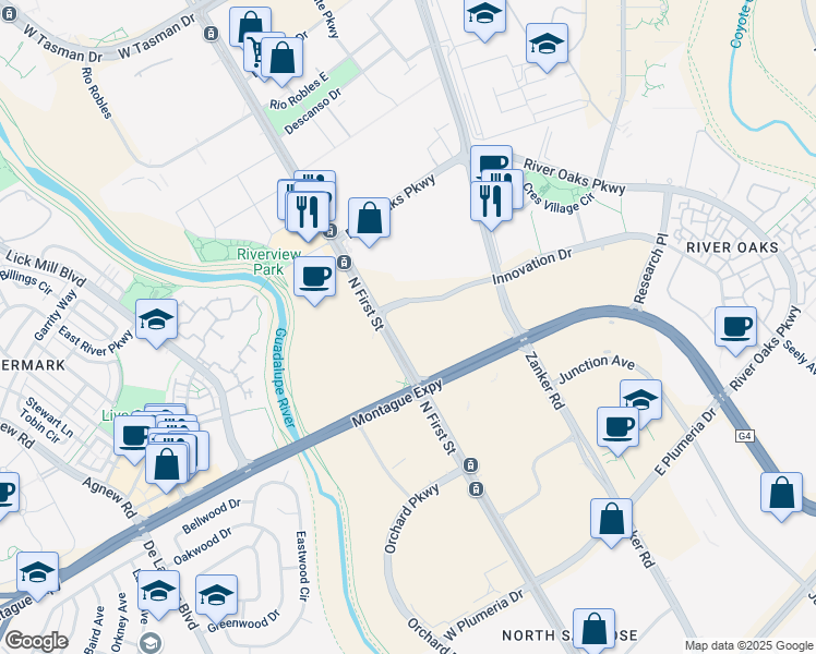 map of restaurants, bars, coffee shops, grocery stores, and more near 3200 N 1st St in San Jose