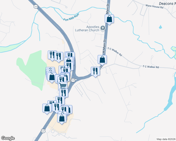 map of restaurants, bars, coffee shops, grocery stores, and more near 6799 Village South Drive in Gloucester
