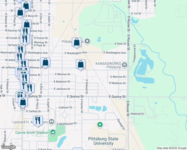 map of restaurants, bars, coffee shops, grocery stores, and more near 911 South Stilwell Street in Pittsburg