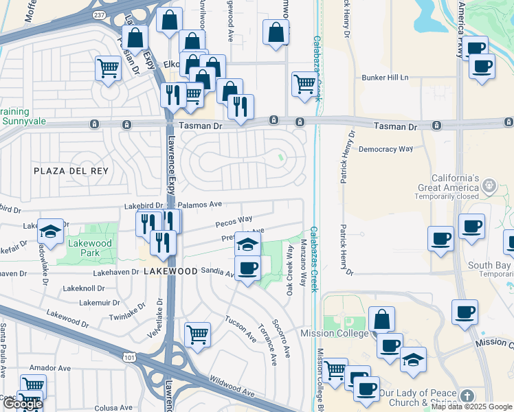 map of restaurants, bars, coffee shops, grocery stores, and more near 1226 Palamos Avenue in Sunnyvale