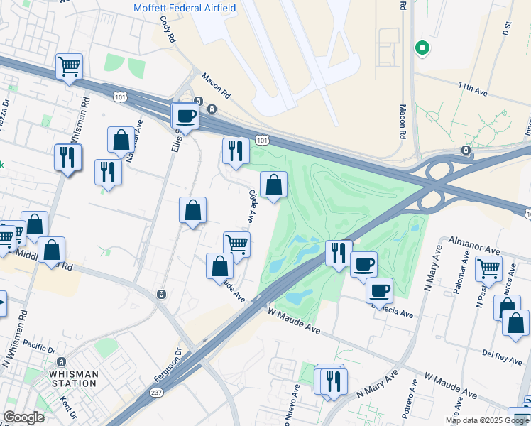 map of restaurants, bars, coffee shops, grocery stores, and more near 567 Clyde Avenue in Mountain View