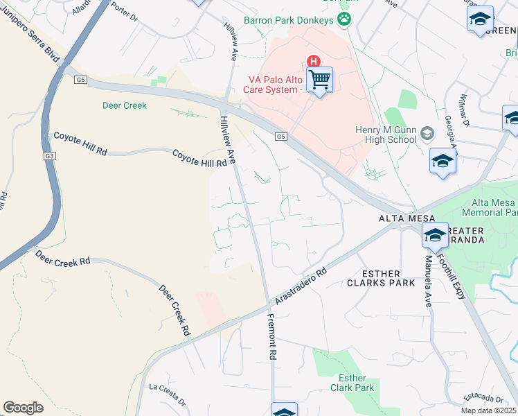 map of restaurants, bars, coffee shops, grocery stores, and more near 3421 Hillview Avenue in Palo Alto