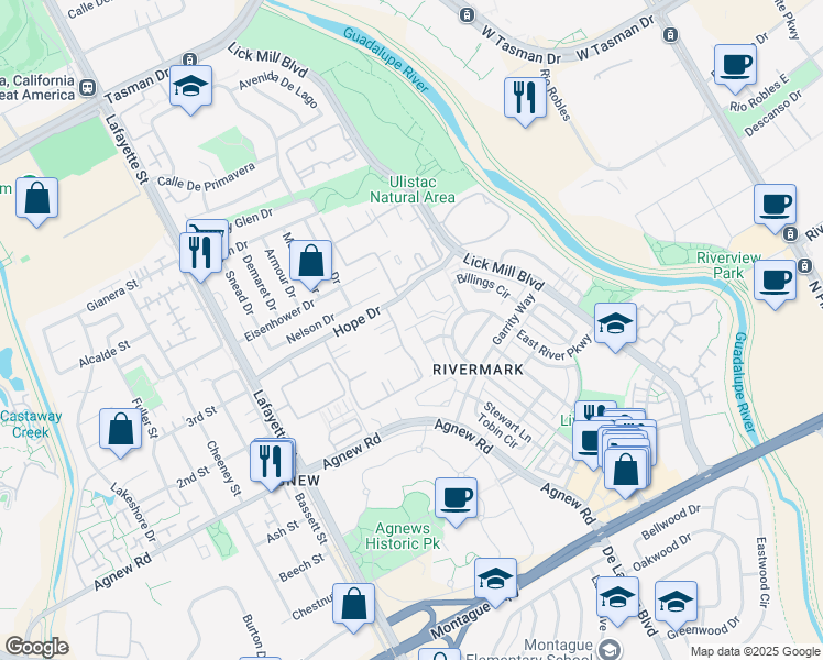 map of restaurants, bars, coffee shops, grocery stores, and more near 4496 Headen Way in Santa Clara